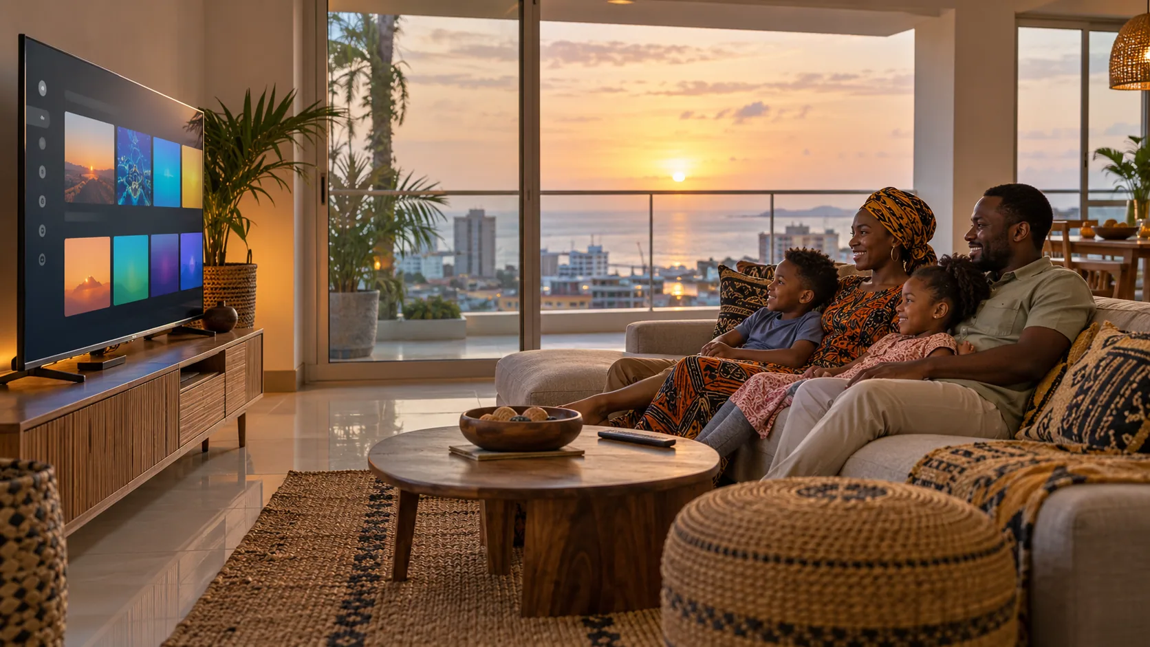 Famille guinéense regardant la télévision dans un salon à Conakry