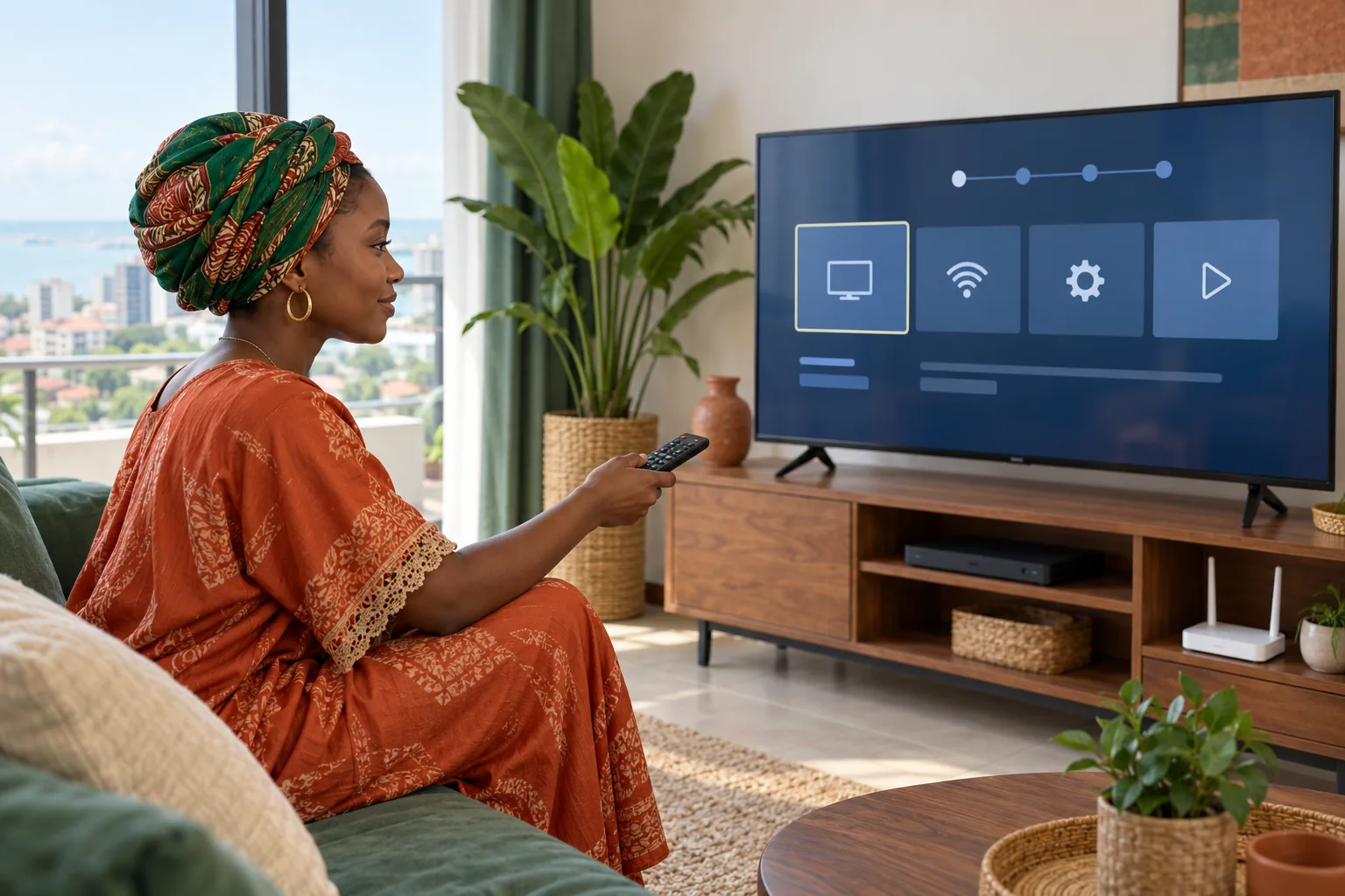 Une Guinéense configure une application sur une Smart TV dans son salon à Conakry
